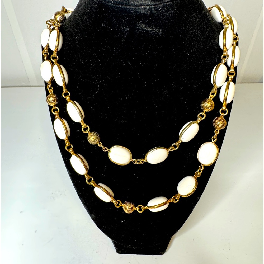 TRIFARI Crown Long Layering Necklace “Bolero” WHITE Cabochon Book Piece